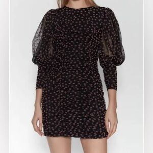 Zara Puff Sheer Sleeve Textured Floral Dress